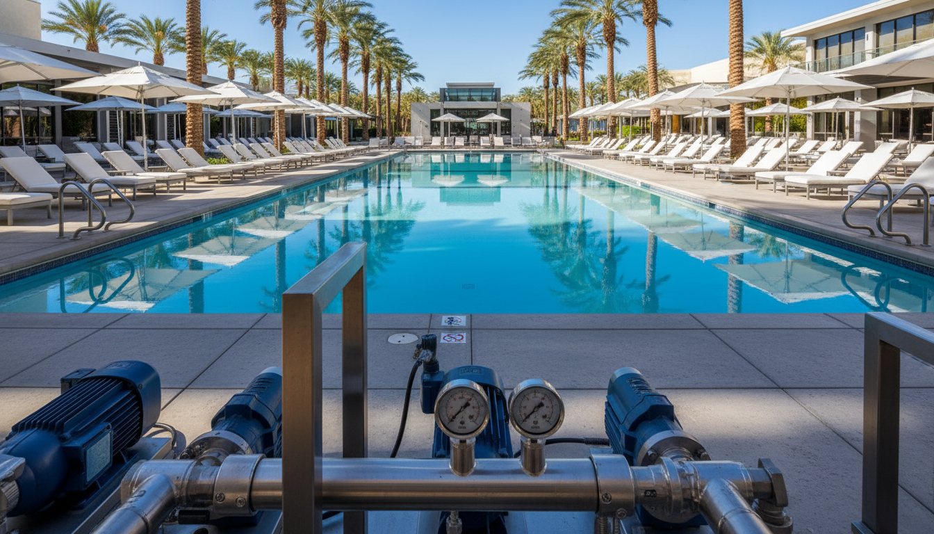 A large commercial resort pool serviced by a professional crew.