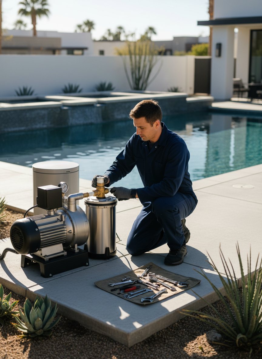 A pool technician servicing pump and filter equipment at a residential pool pad.